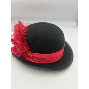 Vintage Morris Hat Woman's Black Wool Hat Made USA Red Floral Feather Headwear